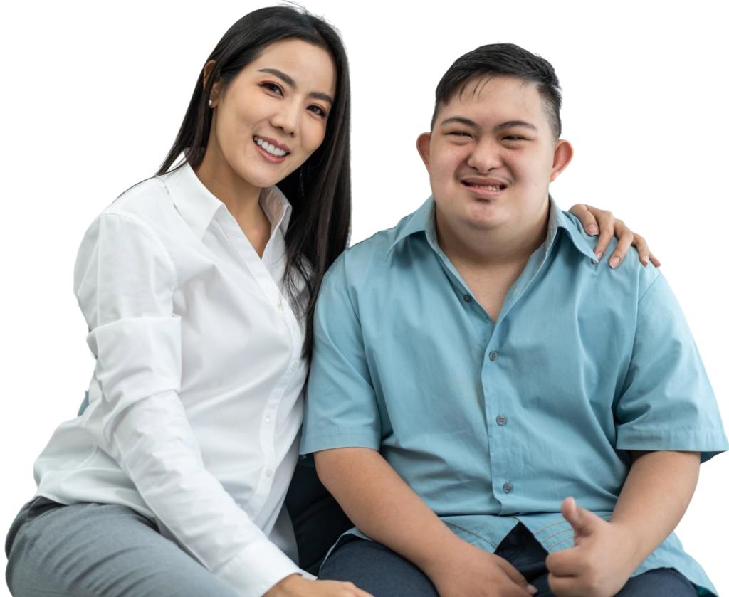 portrait asian mother spending time with down syndrome son house beautiful loving parent sitting sofa with young man with autism special needs then smiling looking camera home